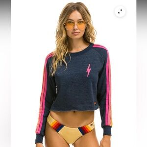Aviator Nation Bolt Embroidery Classic Crew Sweatshirt - Heather Navy // Stripe